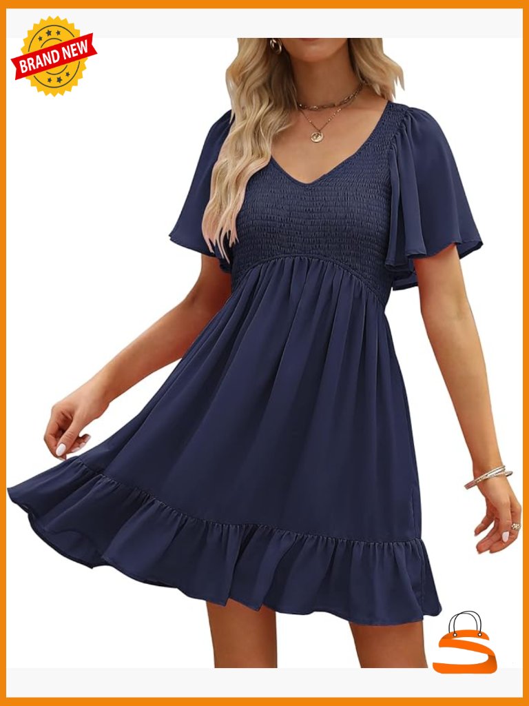Flowy Casual Mini Dress With Pockets V Neck Smocked Summer
